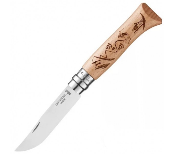 Нож Opinel №8 Alpine adventures, нержавеющая сталь, рукоять дуб, гравировка лыжи, 002188