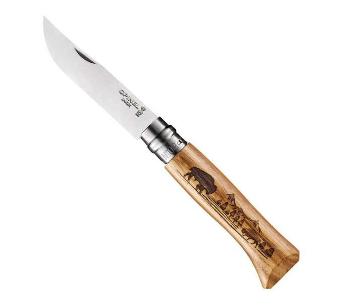 Нож Opinel №8 Animalia, нержавеющая сталь, рукоять дуб, гравировка бизон