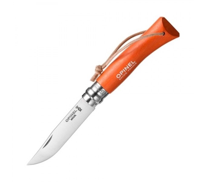 Нож Opinel №7 Trekking, нержавеющая сталь, кожаный темляк, оранжевый, 001443