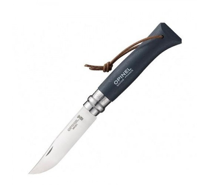 Нож Opinel №8 Trekking, нержавеющая сталь, кожаный темляк, серый, 001706