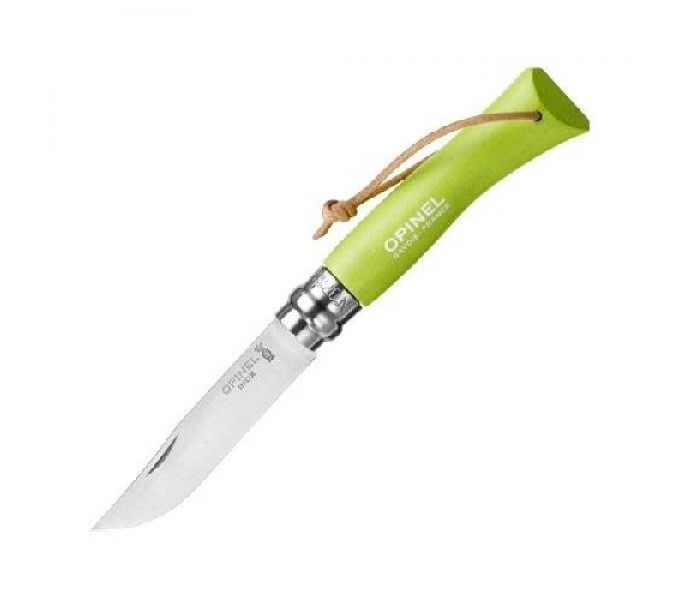 Нож Opinel №7 Trekking, нержавеющая сталь, кожаный темляк, светло-зеленый, 001442