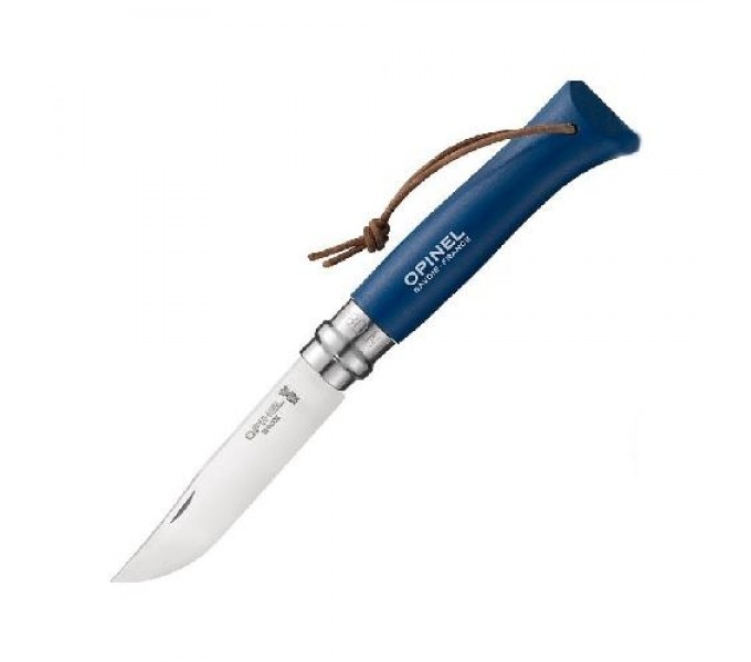 Нож Opinel №8 Trekking, нержавеющая сталь, кожаный темляк, синий, 001704