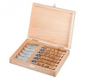 Набор в деревянной коробке из 6 ножей Opinel №8 Animalia, нержавеющая сталь, рукоять дуб, гравировка, 001637