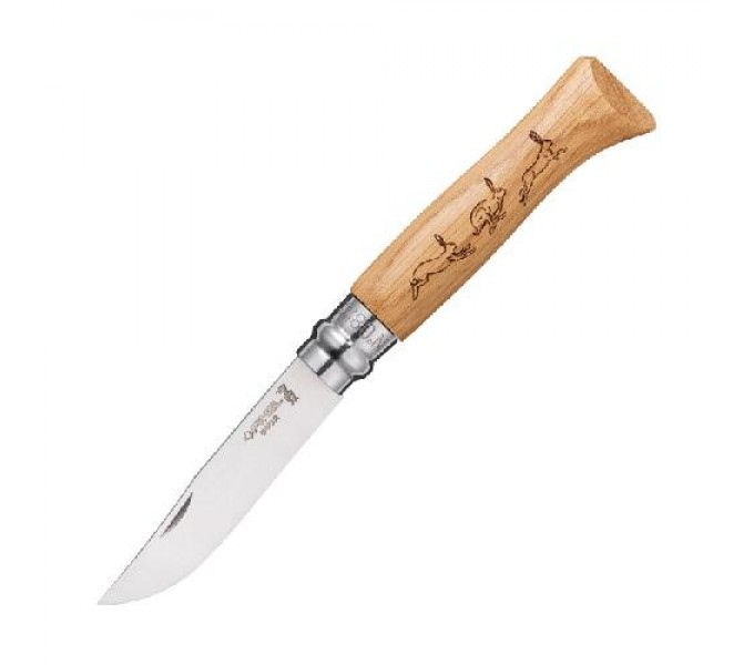 Нож Opinel №8 Animalia, нержавеющая сталь, рукоять дуб, гравировка заяц, 001623