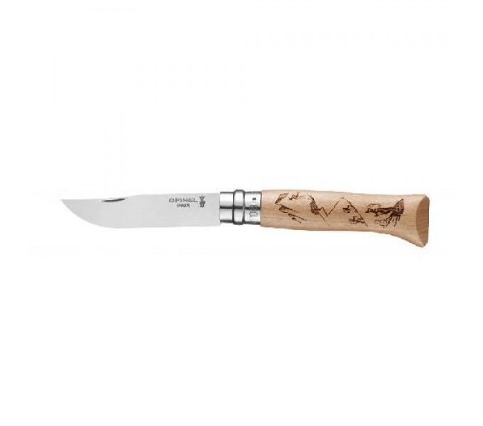Нож Opinel №8 Alpine adventures, нержавеющая сталь, рукоять дуб, гравировка пеший туризм, 002186